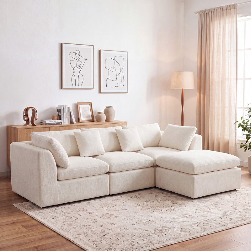 Canapé d'angle modulaire en chenille sans os de 280 cm de large, canapé réversible en forme de L avec pouf surdimensionné, meuble à assise profonde reconfigurable