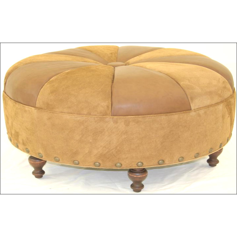 Round Leather Ottoman, Hair Hide Brown/White, Brushy Bayou, Old Gold E