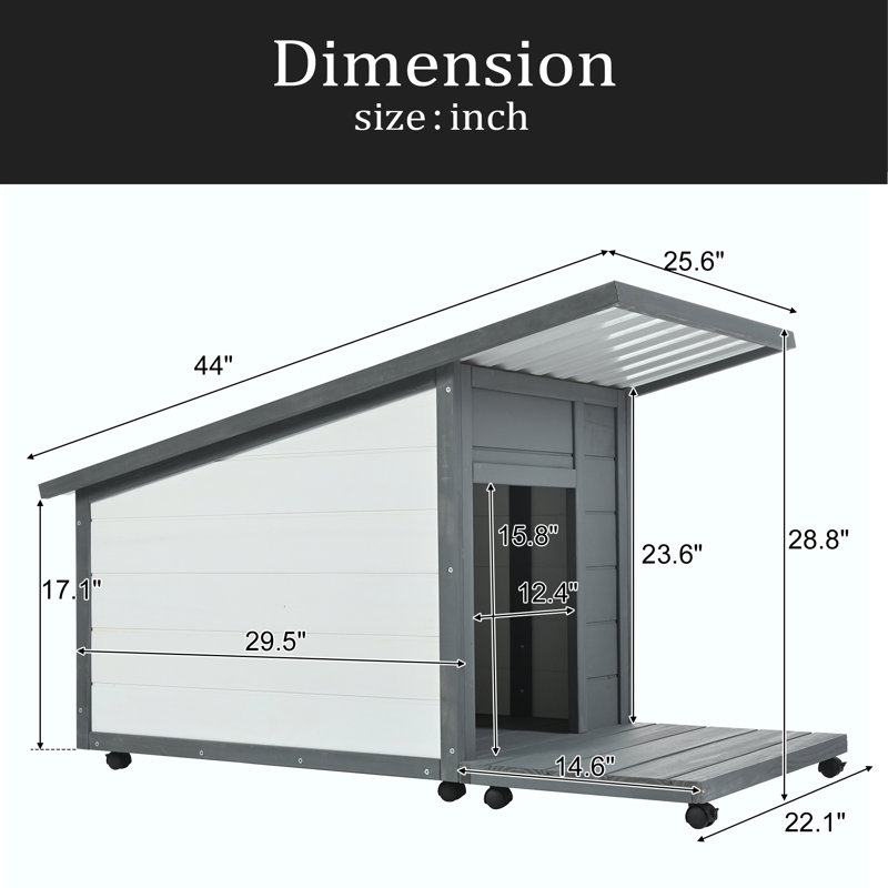 Niche pour chien d'extérieur en bois massif, conception moderne de style imperméable avec bol alimentaire, 4 roulettes pivotantes