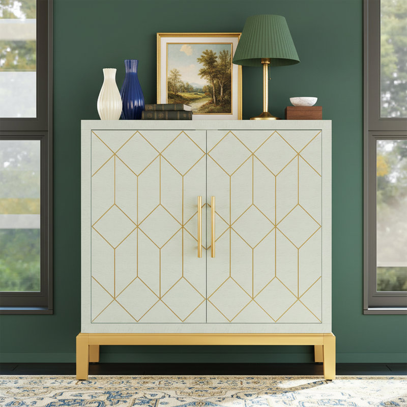 Armoire d'appoint de 32 po de largeur avec bordure dorée tracée à la main et 2 portes, buffet moderne en bois - vert, Vert