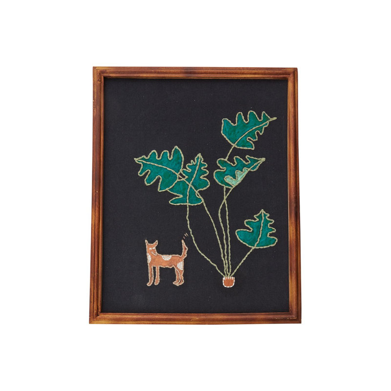 Joyeux chien brodé - peinture encadrée