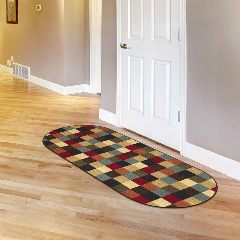 Non-Slip Checkered Area Rug For Living Room, Hallway Runner, Entryway Rug, Oval 1'8" x 4'11"