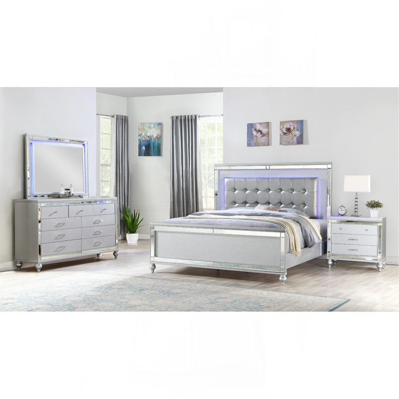 Ensemble de chambre à coucher double avec 4 lumières DEL en bois de couleur argent, Lit double, Argent 