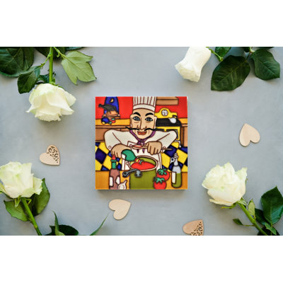 6x6" Chef Holding a Wine Bottle Ceramic Art Tile Drink Holder Coaster