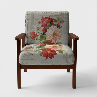 'Guerline - Red Painted Flowers On VIntage Postcard II - Upholstered Farmhouse Accent Arm Chair