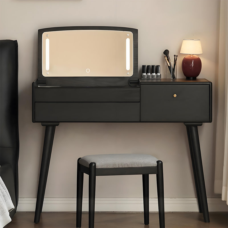 Coiffeuse simple en bois massif de 39,37 po avec miroir rabattable, H 31,1 po x l 39,37 po x P 16,54 po