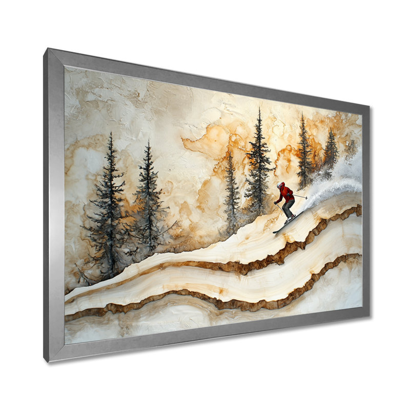 Makhi Cyrstal ski dans un paysage d'hiver III - art mural grand ski, H 30 po x l 40 po, Avec cadre, Argent argent
