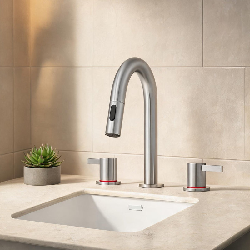 Robinet de salle de bain avec nickel brossé, bec pivotant et bonde escamotable, conception à deux poignées