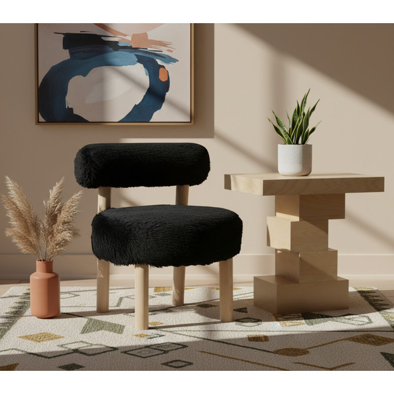 Fauteuil d'appoint rembourré Ambre, Tissu noir en peau de mouton vegan, Naturel