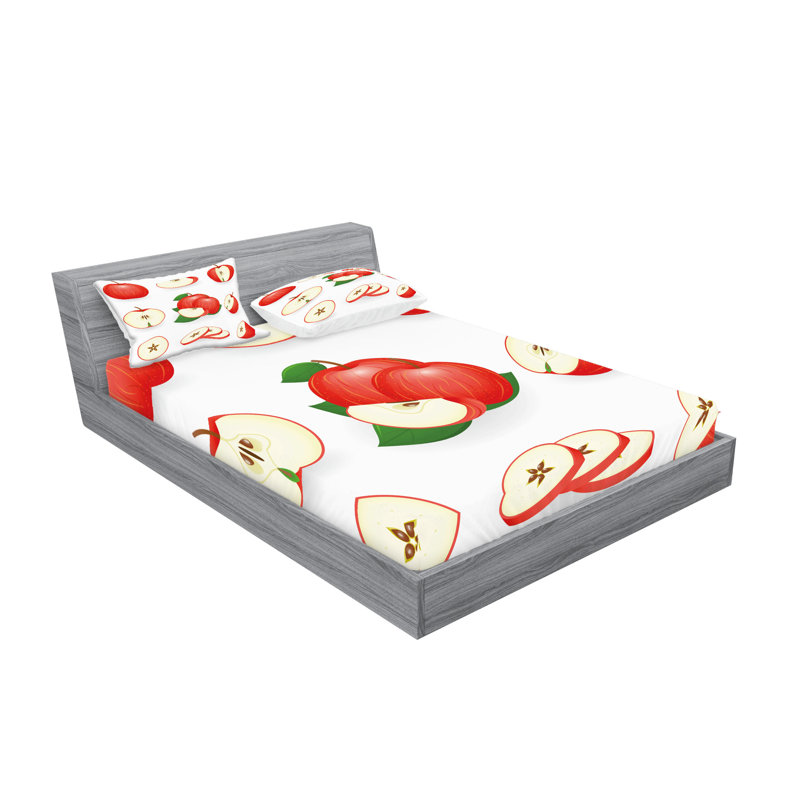 Full Size White and Red Microfiber Apple Print Bedding Set