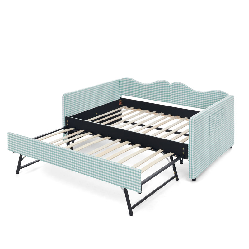 Lit de jour pleine grandeur en tissu d'ameublement en guingan avec gigogne escamotable, poche de rangement latérale, structure en bois massif, canapé-lit, cyan
