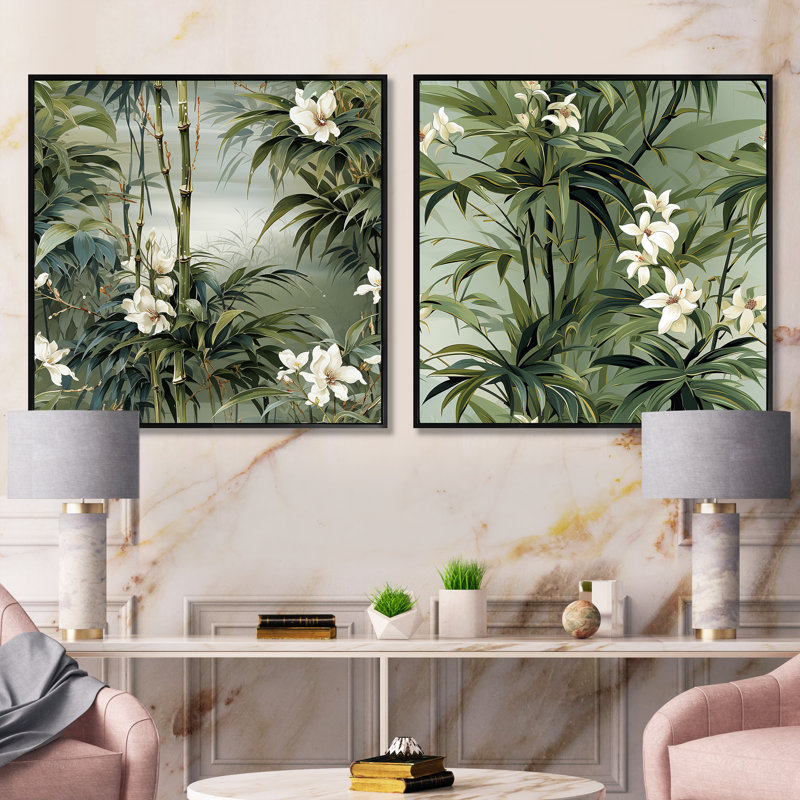 Genica - Ensemble de 2 collages carrés tropicaux, Cadre flottant noir, H 30 po x l 61 po