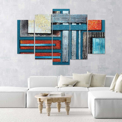 Abstract Turquoise and Red 5 Piece Wall Art Set on Canvas