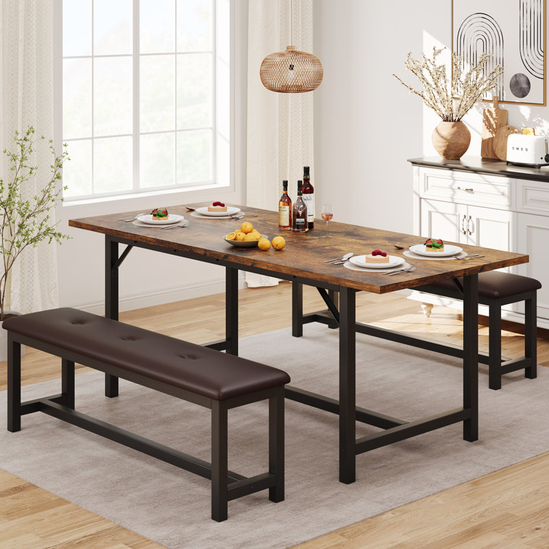 Ensemble de table de salle à manger extensible pour 4 à 6 personnes - Mobilier de cuisine et de salle à manger 3 pièces - 2 bancs rembourrés - Table rectangulaire peu encombrante avec structure en métal et panneau de fibres à densité moyenne