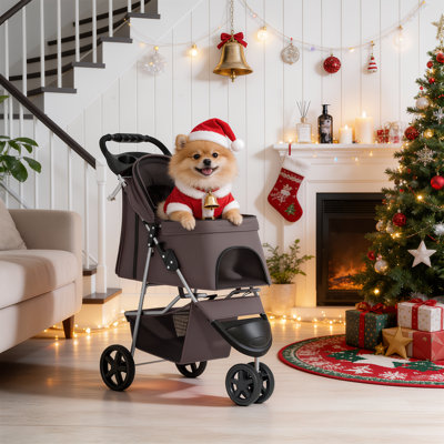 Foldable Pet Stroller, 3 Wheels Folding Carrier Jogger Stroller for Dogs Cats with Canopy and DIY Stickers