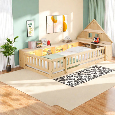 Lits pour enfants en forme de maison avec rangement, en bois massif MDF, style naturel moderne pour la maison