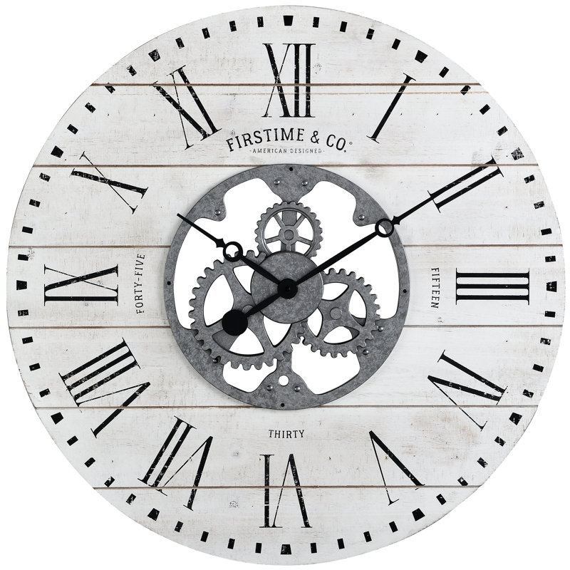 Oversized White Shiplap Gears Wall Clock with Galvanized Center