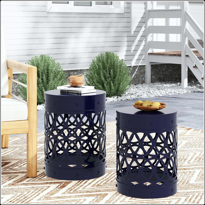 Ensemble de 2 tables de bout d'extérieur en métal avec motif de cercles superposés - bleu marine, Navy Blue