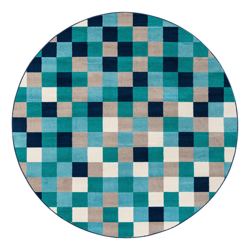Tapis bleu / brun / crème tissé à la machine Analiese, Rond 7 pi