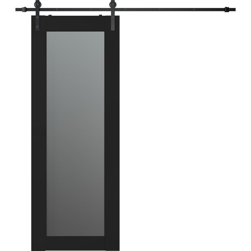 Porte de grange à panneaux en bois manufacturé et en verre Avon 207 avec trousse de quincaillerie d'installation, Noir