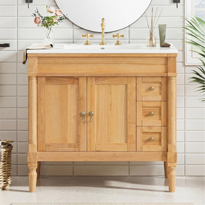 Meuble-lavabo de 36 po avec lavabo en céramique, portes à fermeture douce, tablettes réglables et armoire de rangement moderne pour les petites et moyennes salles de bain