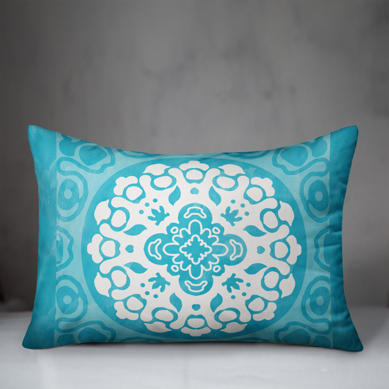 Outdoor Reversible Throw Pillow, Turquoise, Floral 2