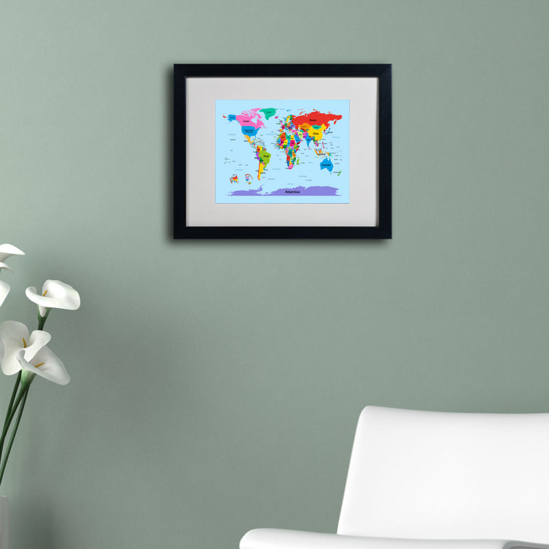 « children world map map », impression sur toile encadrée, H 11 po x l 14 po x P 0,5 po, Cadre noir
