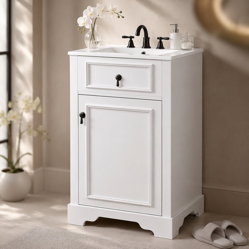 Meuble-lavabo de 20 pouces avec lavabo en céramique, porte à fermeture douce, tablette réglable et support de rangement fixé à la porte - idéal pour les petites salles de bain