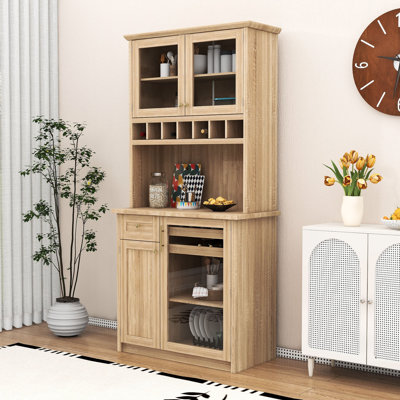 Tall Freestanding Kitchen Pantry Cabinet with Wine Rack, Adjustable Shelves and Tempered Glass Doors