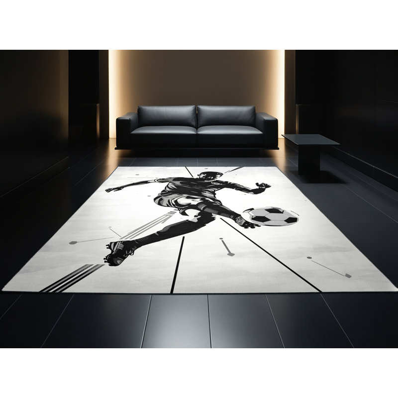 Machine Washable Aust Soccer Player Kick Modern Geometric Rug in Brown – Black Binding, 3x5
