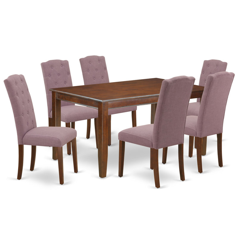 Ensemble de table de salle à manger 7 pièces composé d'une table rectangulaire en bois et de 6 chaises de salle à manger Parson en lin Dahlia, acajou