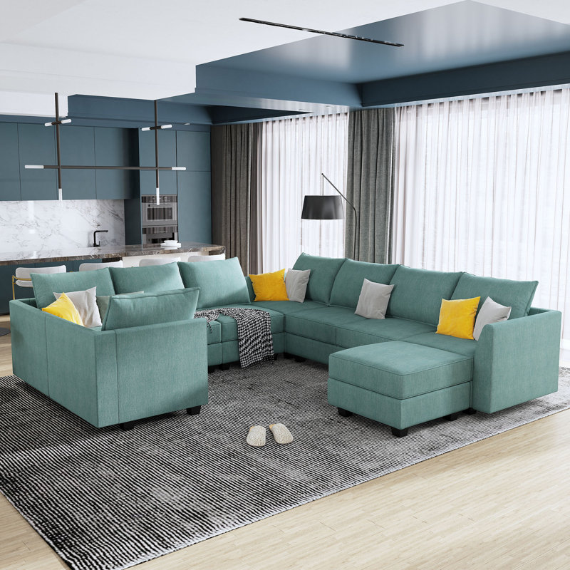 Modular U-Shaped Sectional with Storage , Blue Polyester