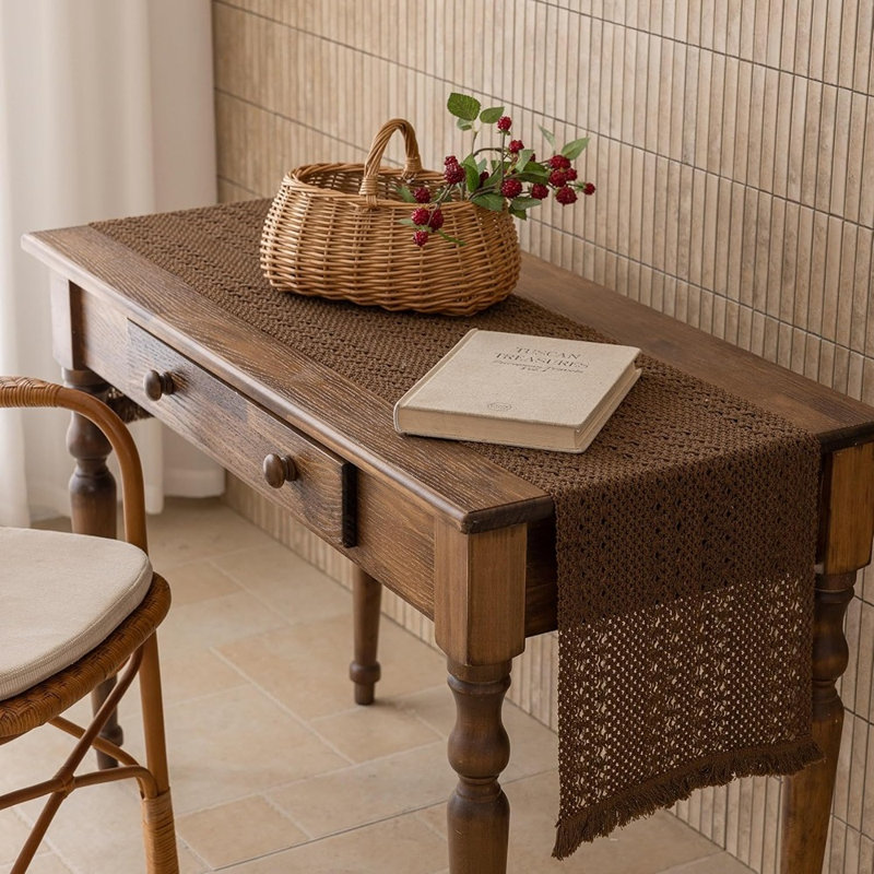 Fall Boho Macrame Brown Table Runner – Woven Burlap Rustic Bohemian Table Décor