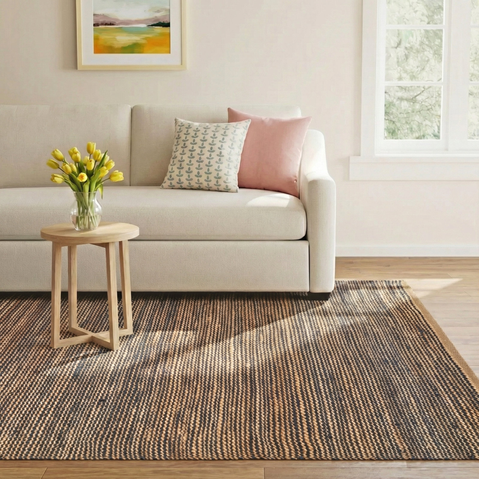 Striped Blue/Natural Handwoven Jute Rug, Rectangle 8' x 10'