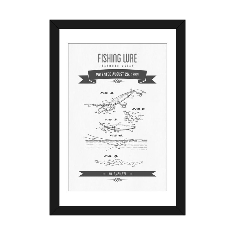 " Raymond McVay Fishing Lure Patent Sketch Retro IV " by Aged Pixel, 24" H x 16" W x 1" D, Black Framed Fine Art Paper, White