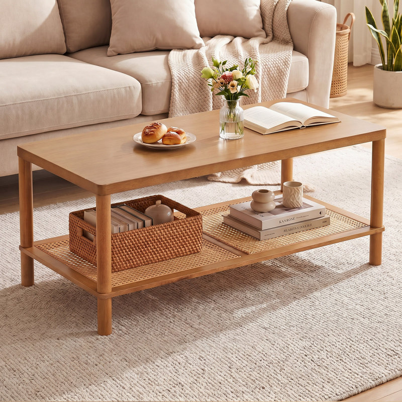Table basse rectangulaire à 2 niveaux avec structure centrale en bois d'hévéa brun, Brown