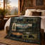 Couverture en flanelle patchwork d'ours noir avec pommes de pin, paysages de montagne, de lac et de forêt, jeté rustique à motif faune sauvage pour canapé, lit ou fauteuil de lecture, 127 x 152 cm