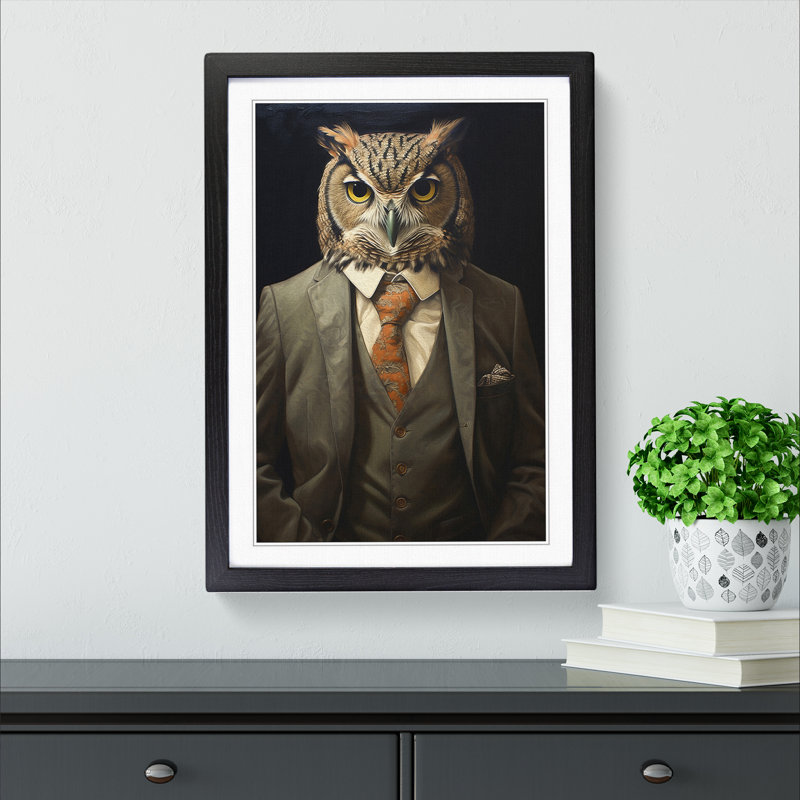 Owl In A Suit Painting - Single Picture Frame Print on Wood, Black Framed, 46cm H x 34cm W x 2cm D