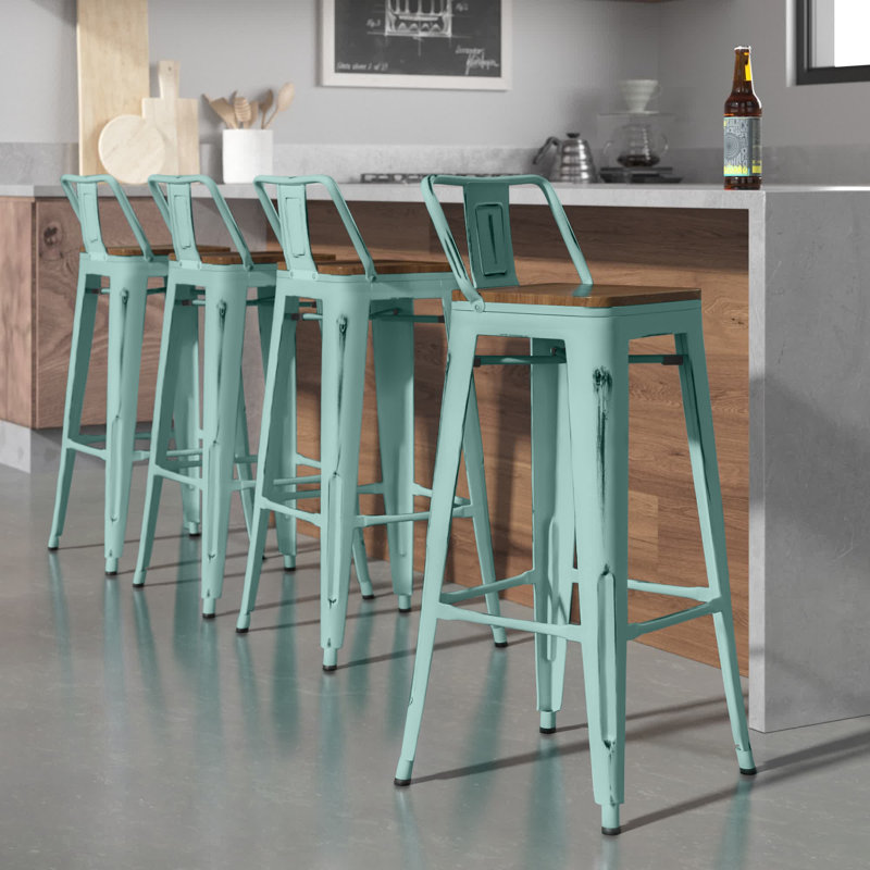 Maresca Counter Stool with Metal Frame, Bar Stool (30" Seat Height), Blue, Brown