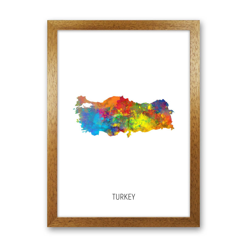 Turkey Watercolour Map by Michael Tompsett - Print, 34cm H x 25cm W x 3cm D, Brown Framed