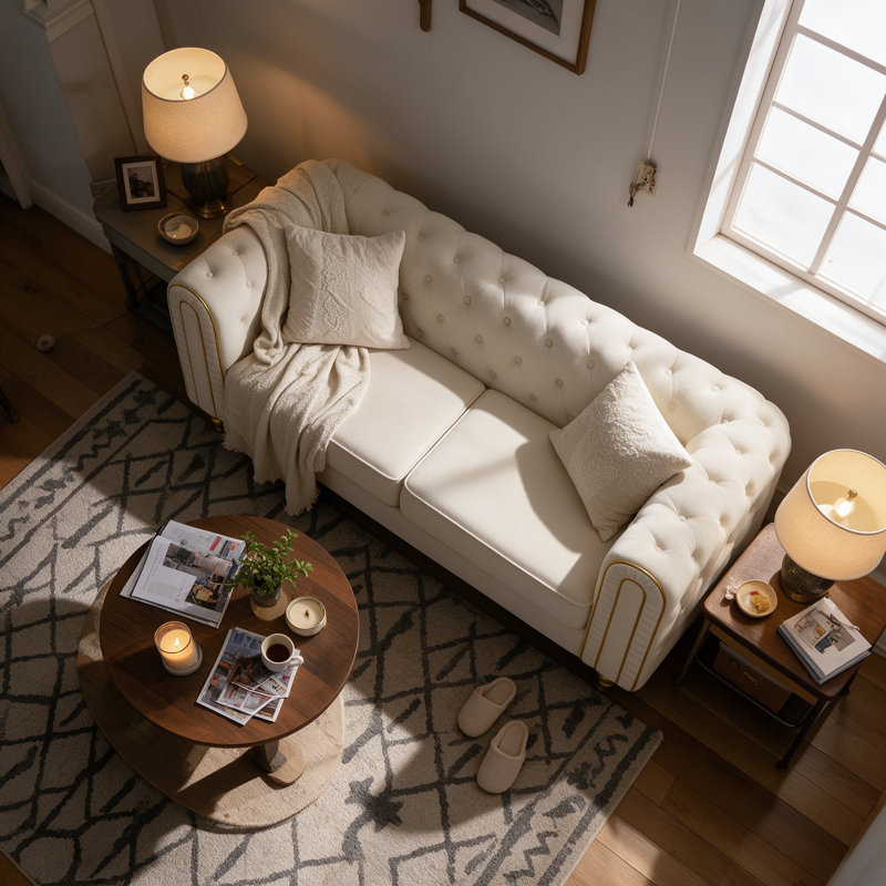 63" Hayslett Loveseat, Button Tufted Rolled Arm Sofa with Gold Legs, Beige
