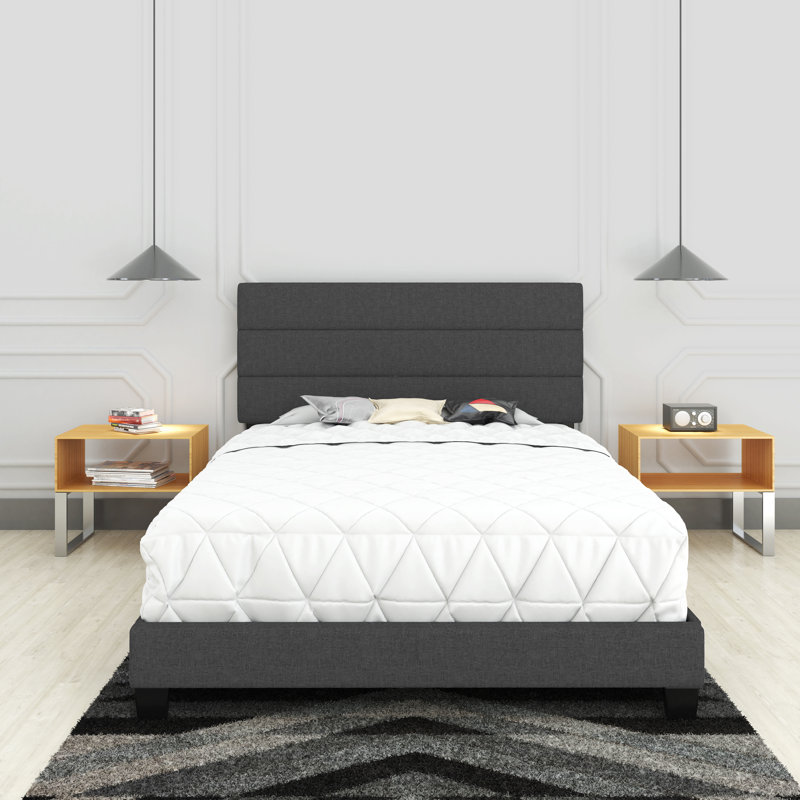 Sicily Dark Linen Upholstered Queen Platform Bed Frame with Headboard