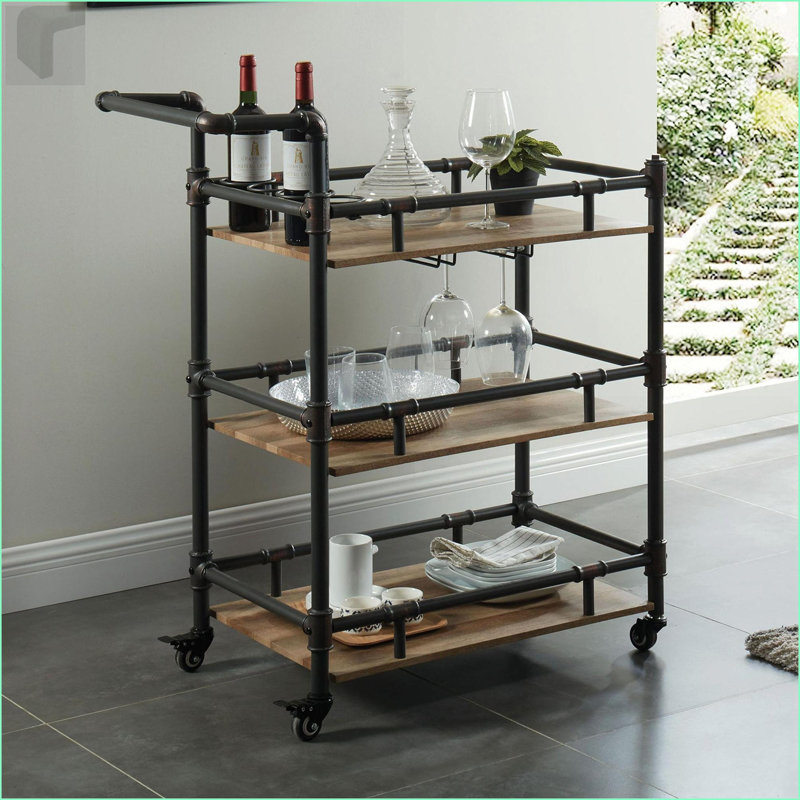 Industrial 3-Tier Serving Cart with Wheels, Antique Black Metal/Natural Oak | Oak | Dining Room
