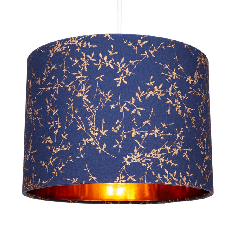 Modern Soft Cotton Fabric Lamp Shade with Shiny Foil Floral Decoration, Blue