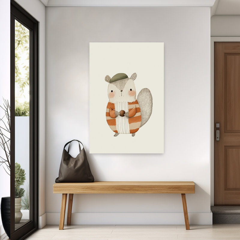 Charmant écureuil avec écrou, paysage contemporain de forêt écureuil, reproduction d'art mural, H 60 po x l 40 po