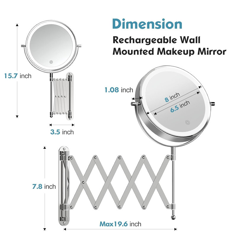 Round Chrome Metal LED Lighted Magnifying Extension Wall Mounted Bathroom Vanity Makeup Mirror, Chrome