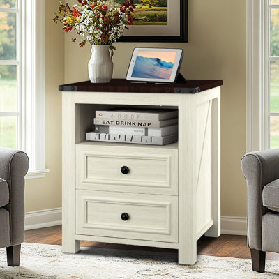 Rustic 18-Inch Nightstand With Charging Station, 2 Storage Drawers & Open Shelf