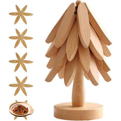 Wooden Trivets For Hot Dishes, Tree Shape Trivet Set, For Hot Dishes, Pot, Bowl, Teapot, 5 Wooden Trivets+1 Stand, Like A Christmas Tree, Natural Foldable Kitchen Wooden Trivet (Wood Color)