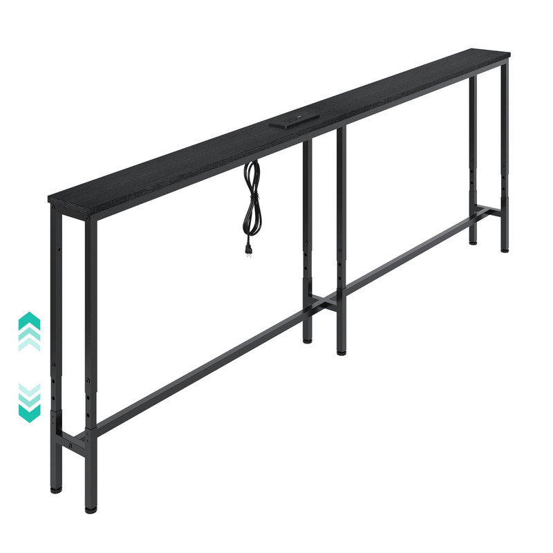 Console étroite de 78 pouces pour canapé, hauteur réglable avec station de recharge intégrée, Noir, Noir