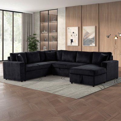 123"W Black Corduroy Sleeper Sectional Sofa With Right-Facing Storage Chaise And Throw Pillows